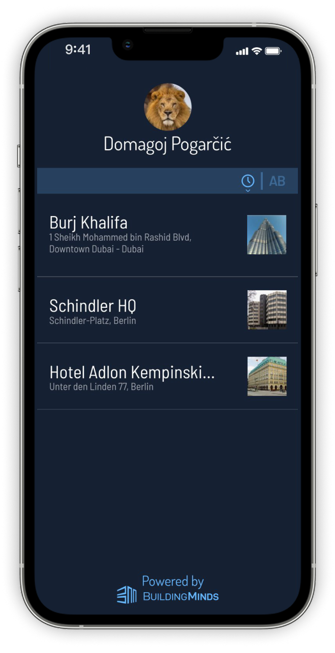 Project selection screen