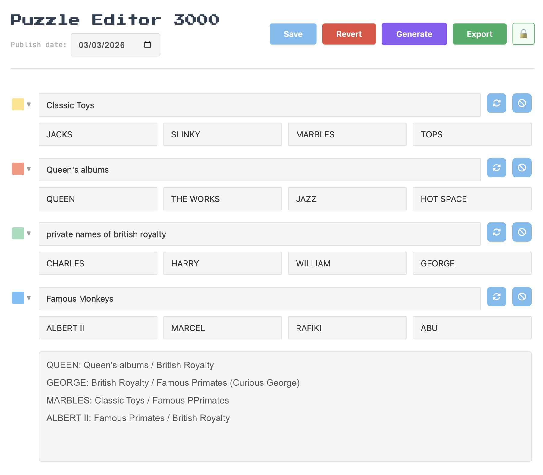Puzzle Editor 3000 showing four categories with refresh and ban controls