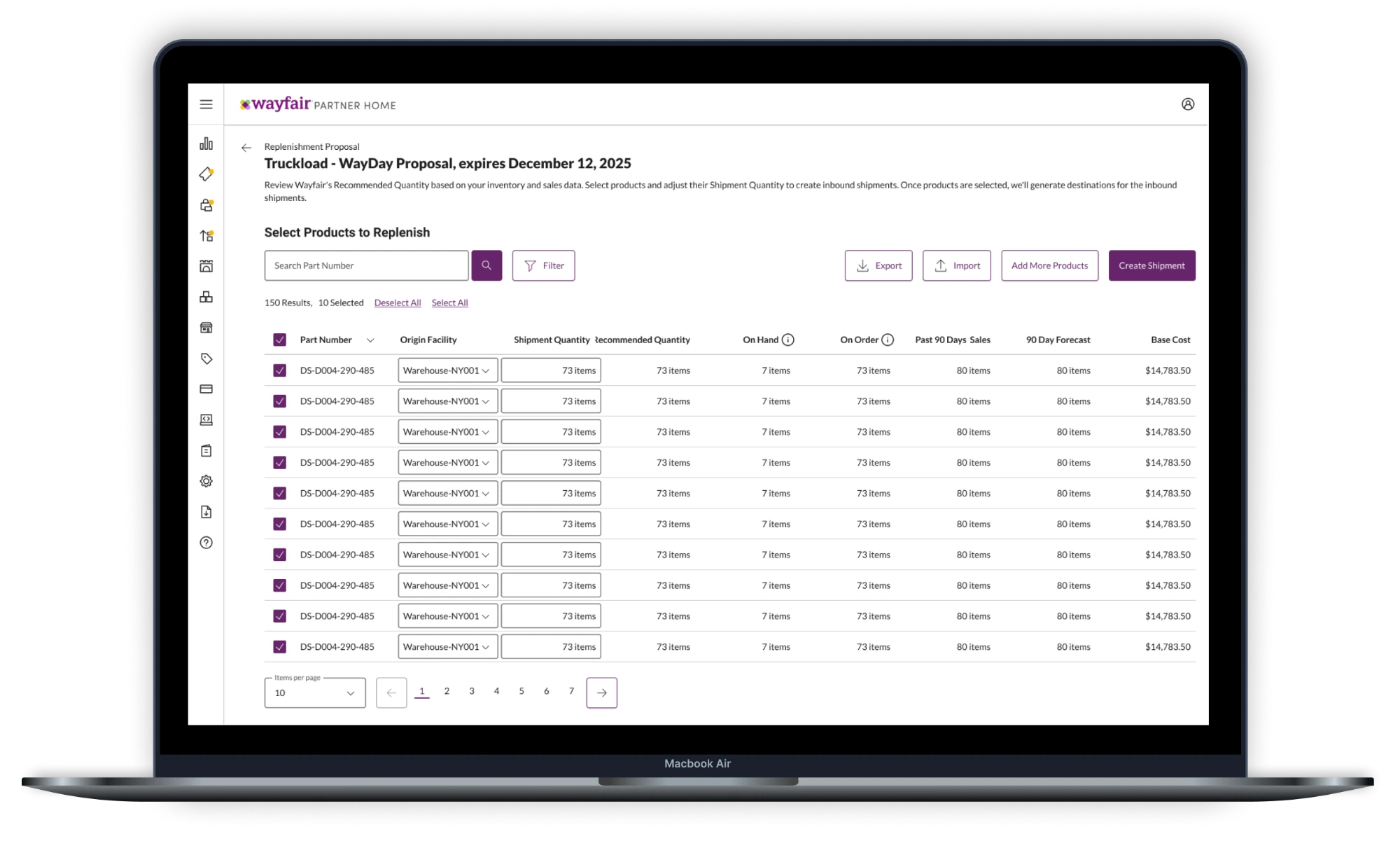 Data-rich table view with inline editing for experienced suppliers